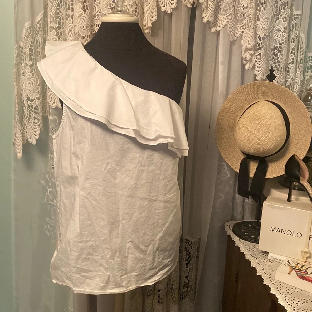 Vince Camuto Cotton Stretch Weave One Shoulder White Top Sz XL EUC